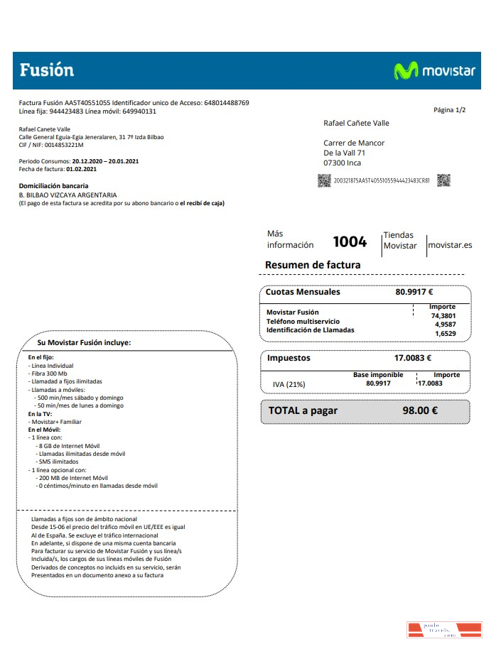 Spain Movistar Fusion telecom operator utility bill document in Word and PDF format